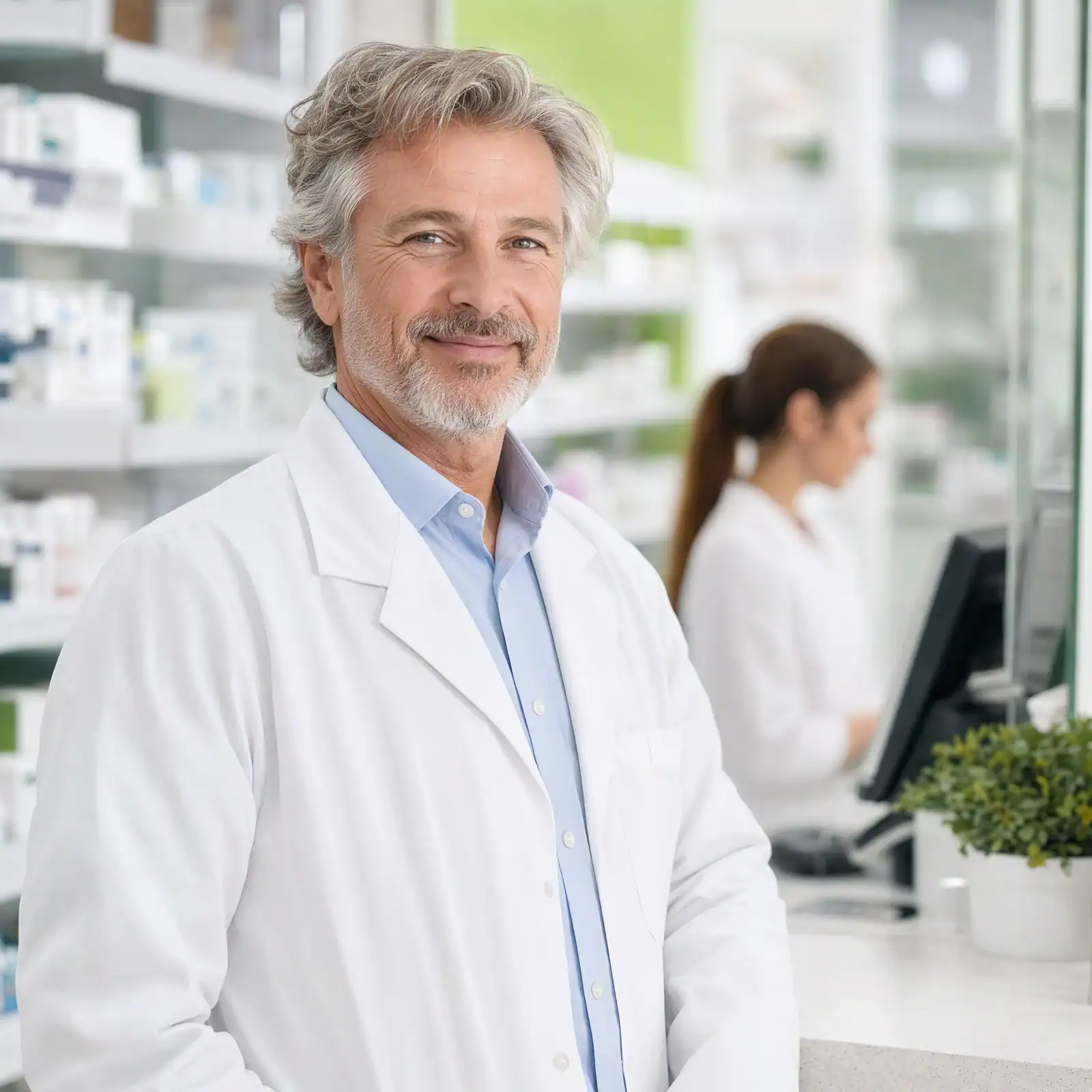 Pharmacy owner at the dispensary counter of a Canadian pharmacy