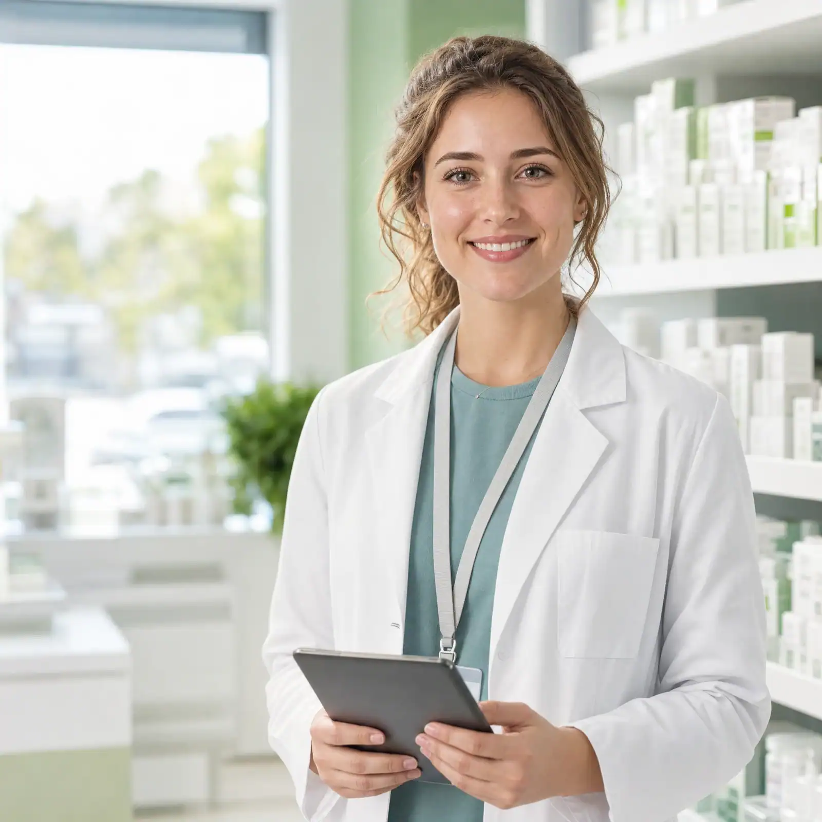 Pharmacy intern in a white coat in a Canadian community pharmacy