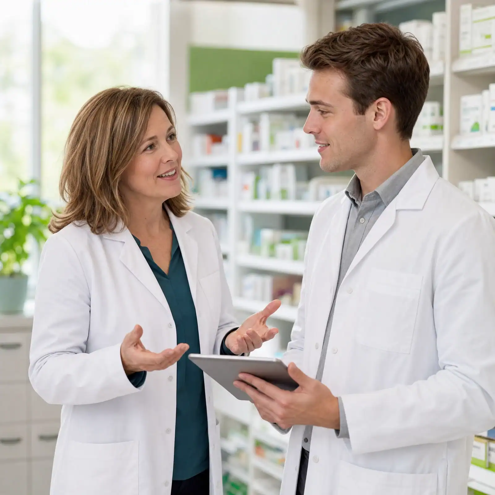 Pharmacist mentor advising a newly licensed pharmacist in Canada