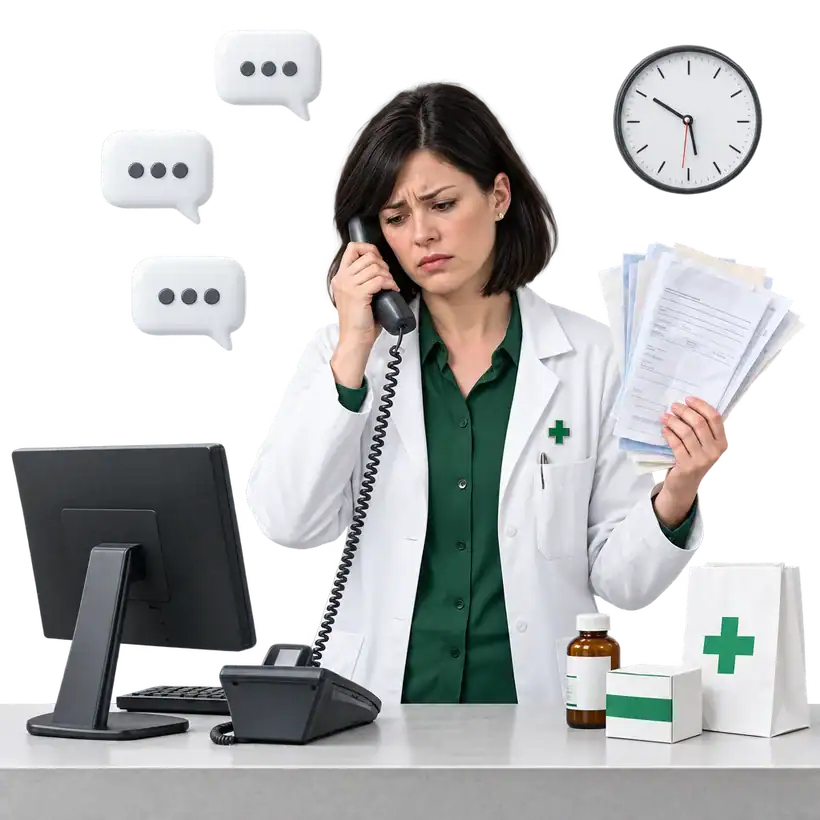 Pharmacy owner on the phone, chasing coverage