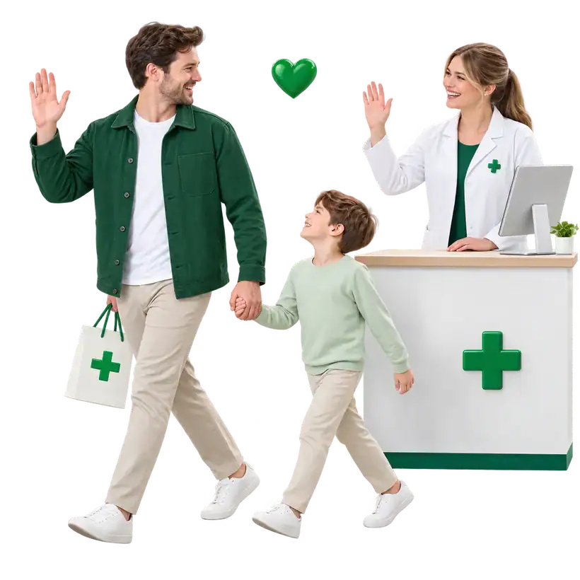 Happy customer leaving the pharmacy