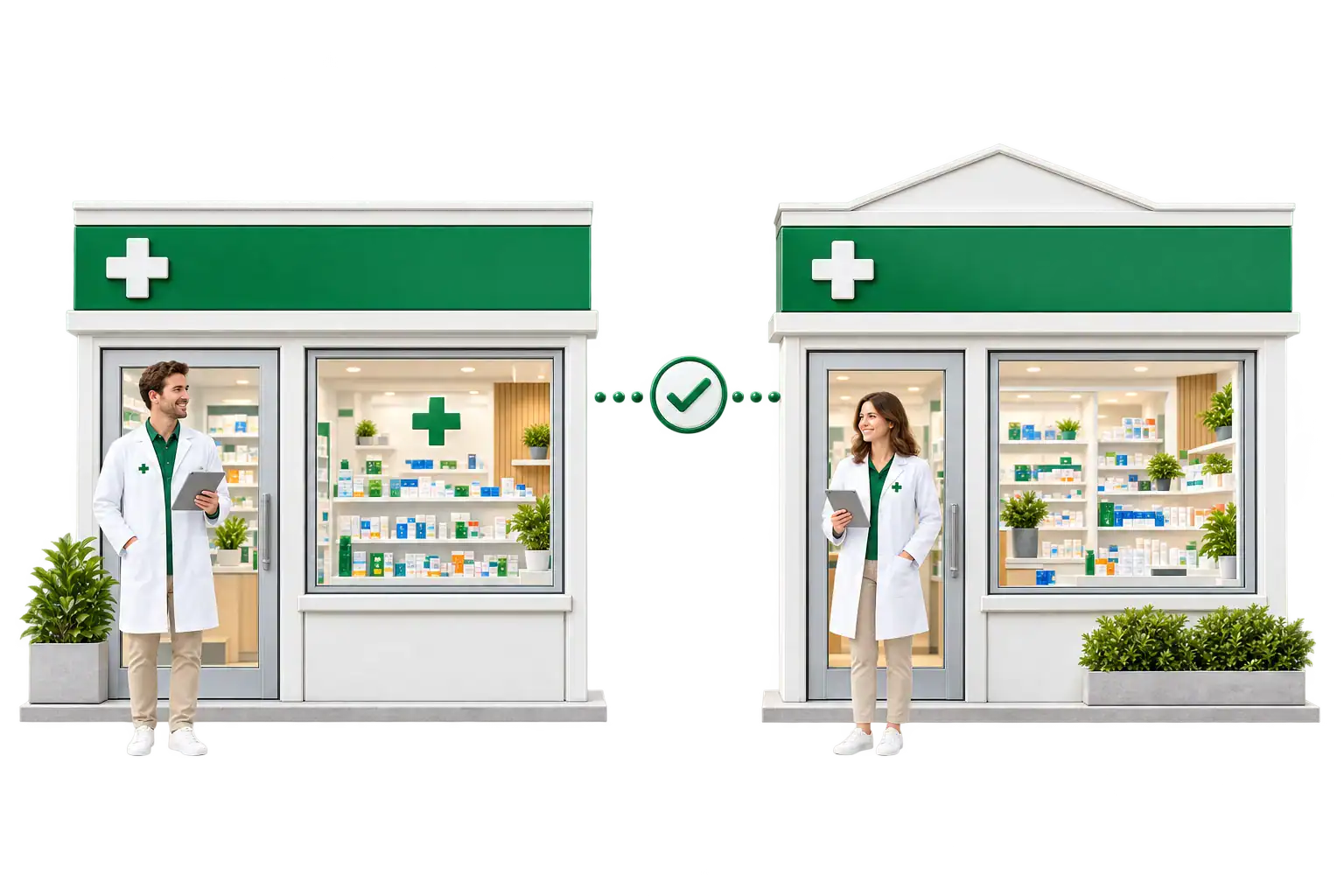 Two pharmacy owners at their separately run stores under one shared banner