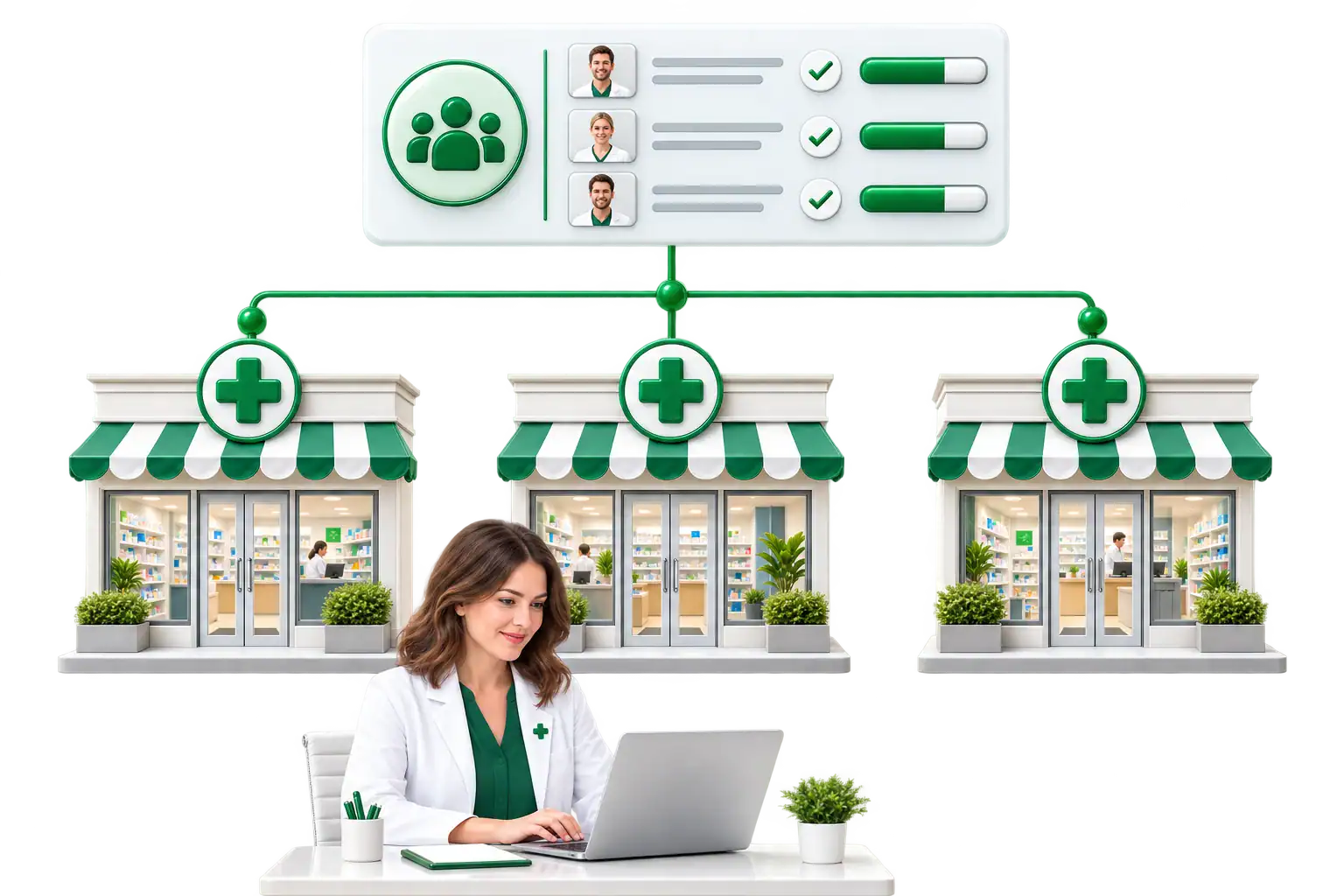 Head-office coordinator connecting three matching pharmacy branches