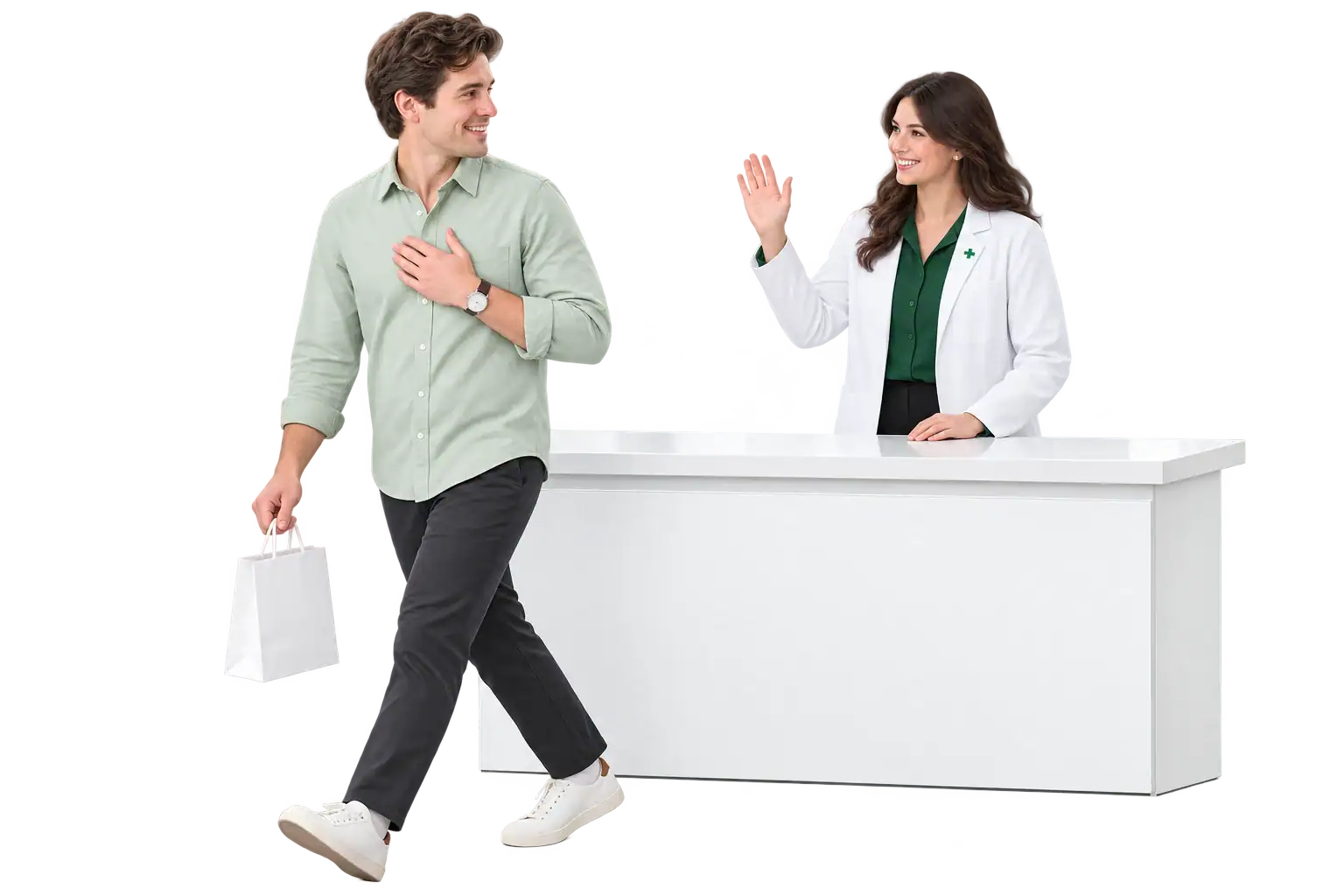 A reassured customer leaving after a helpful pharmacy conversation