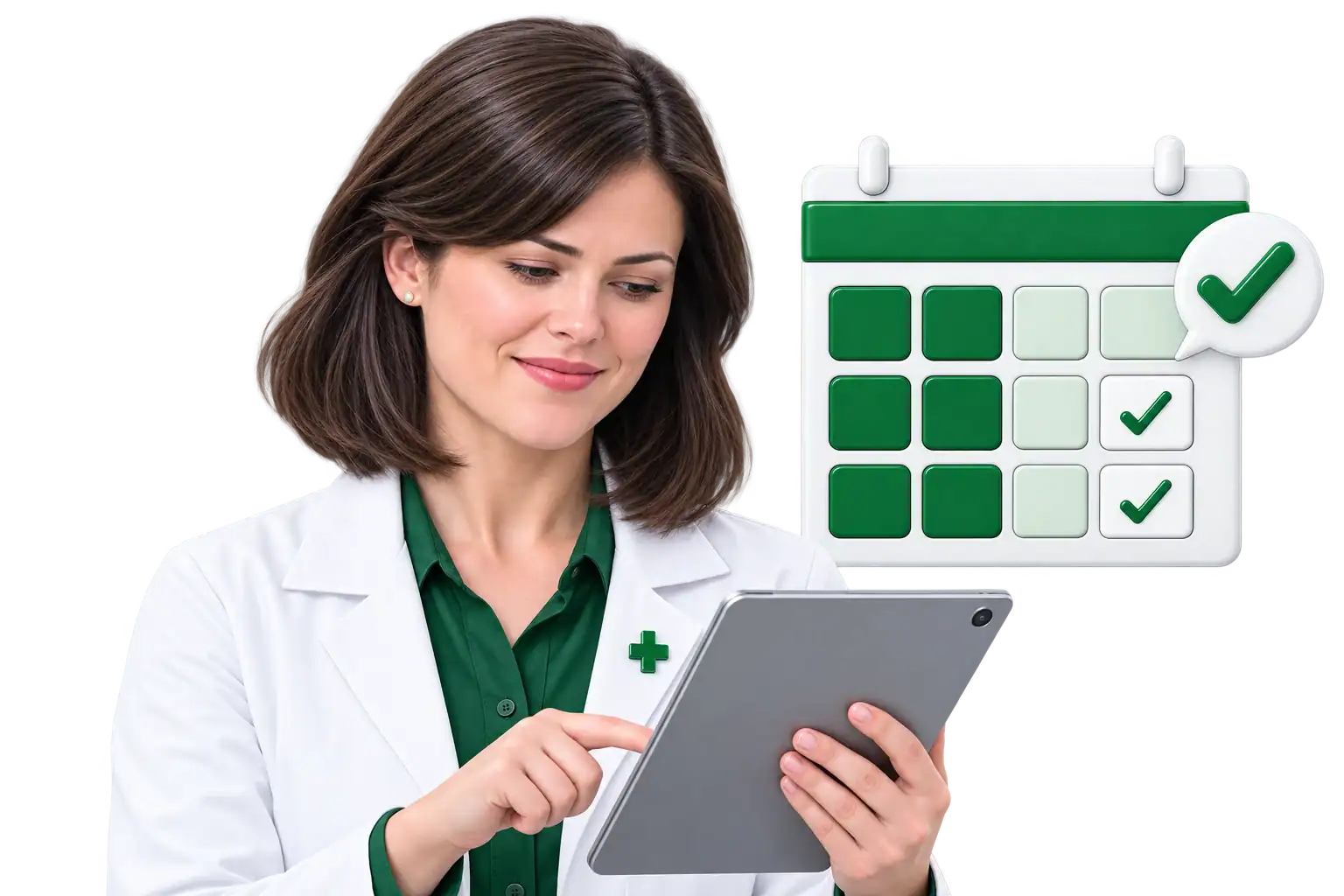 The same pharmacy owner, relaxed and smiling while managing confirmed shifts on her tablet