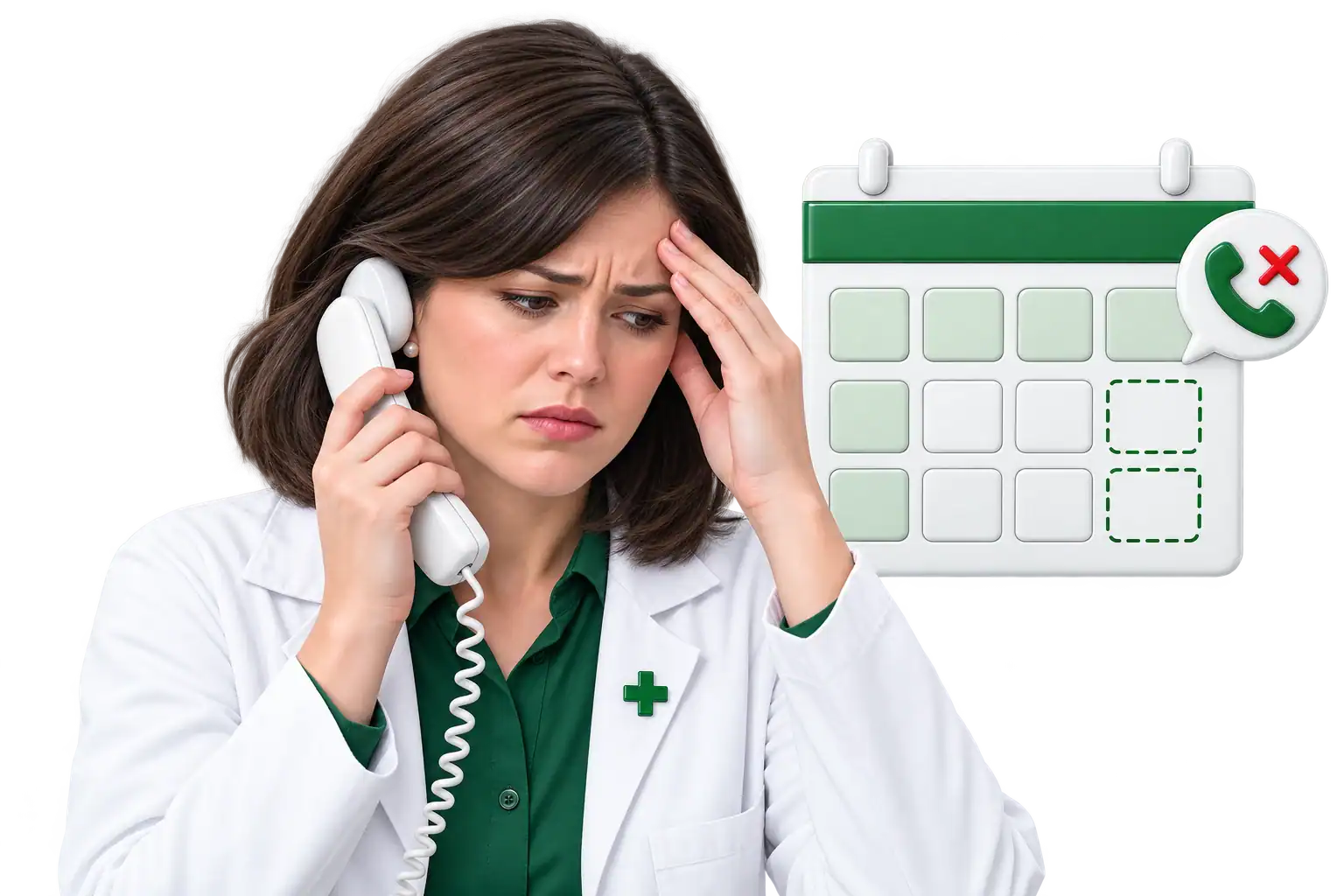Frustrated pharmacy owner on the phone, facing unfilled shifts