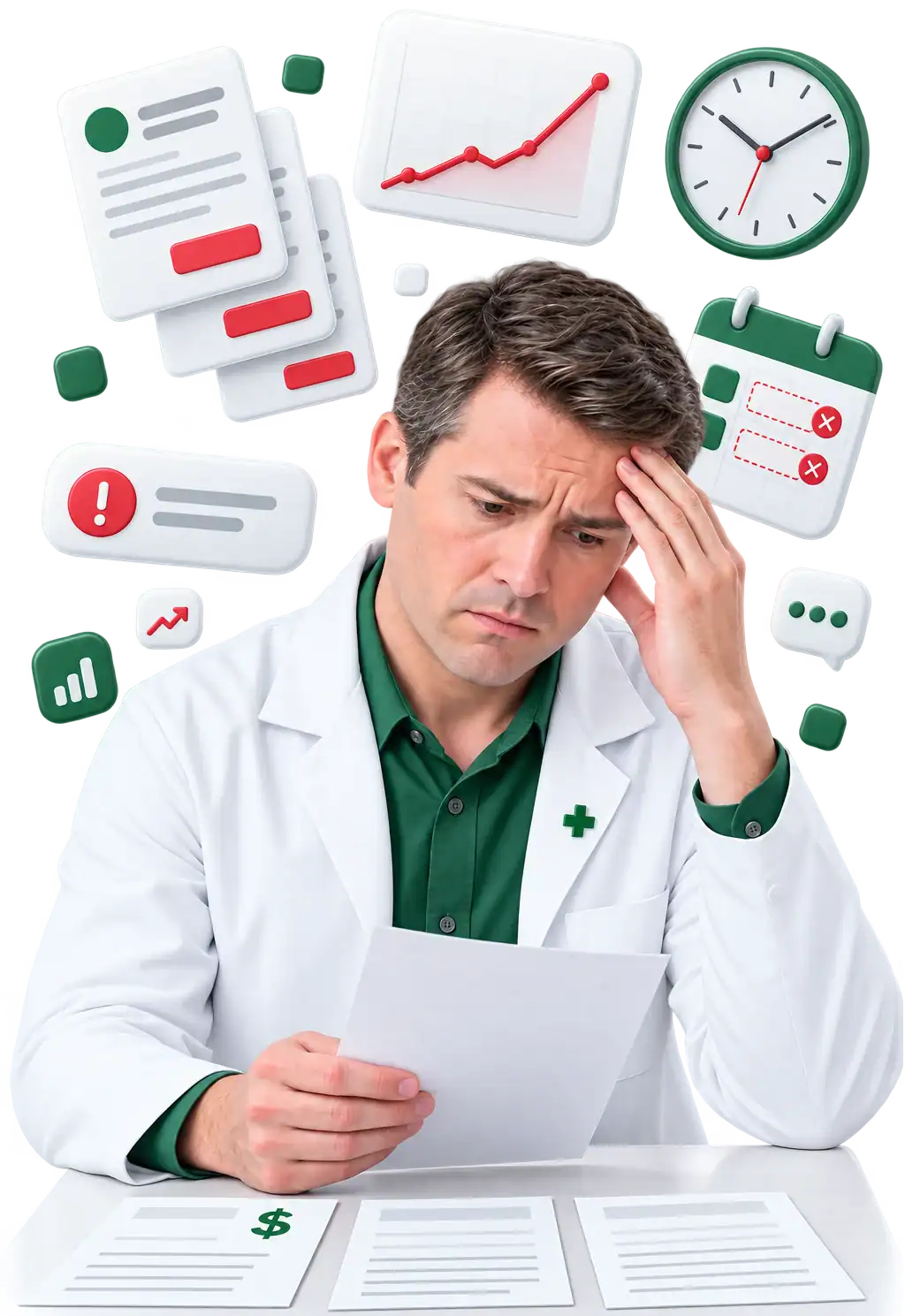 A worried pharmacy owner reviewing agency invoices as costs and unfilled shifts pile up