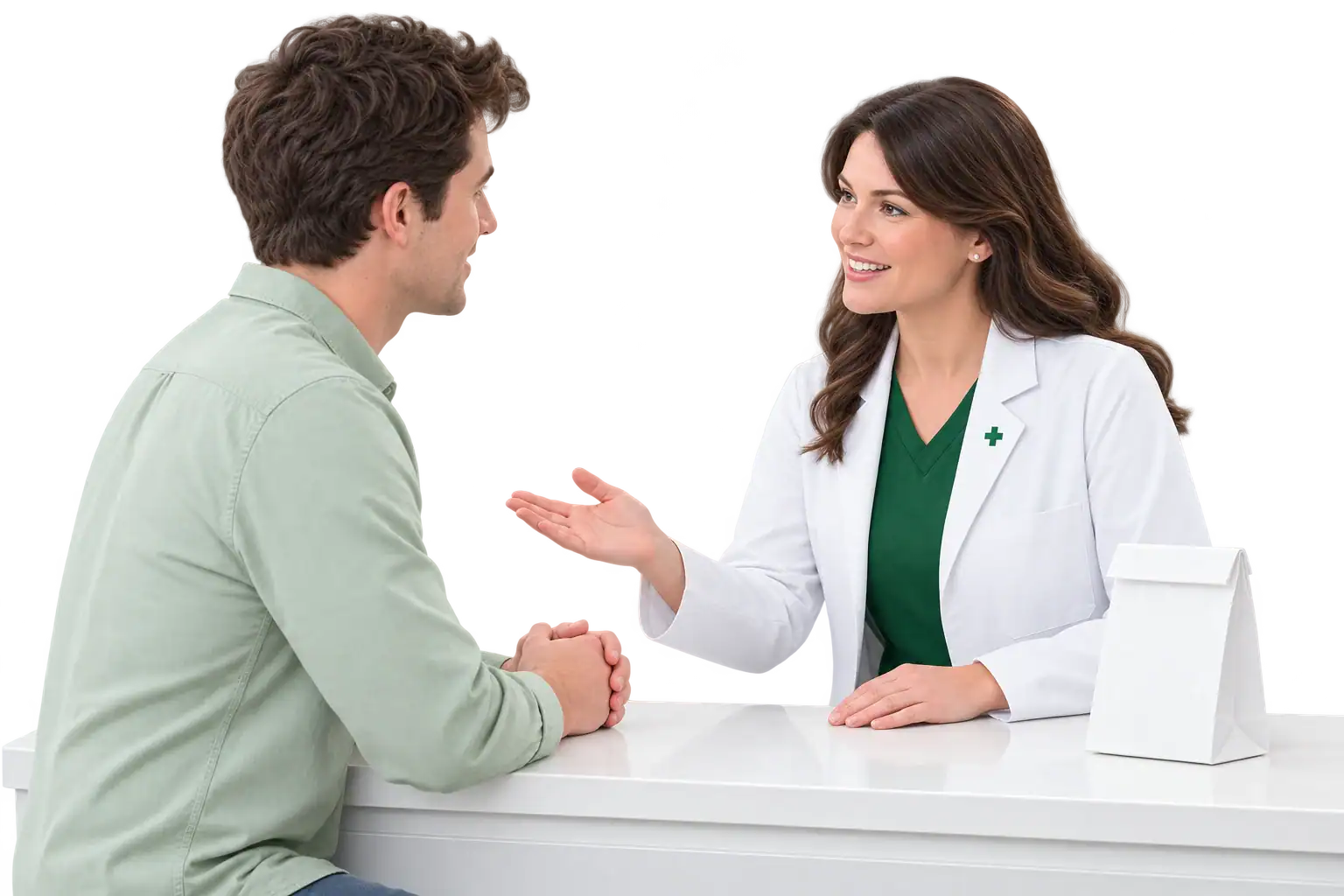A pharmacist listening attentively to a customer at the consultation counter