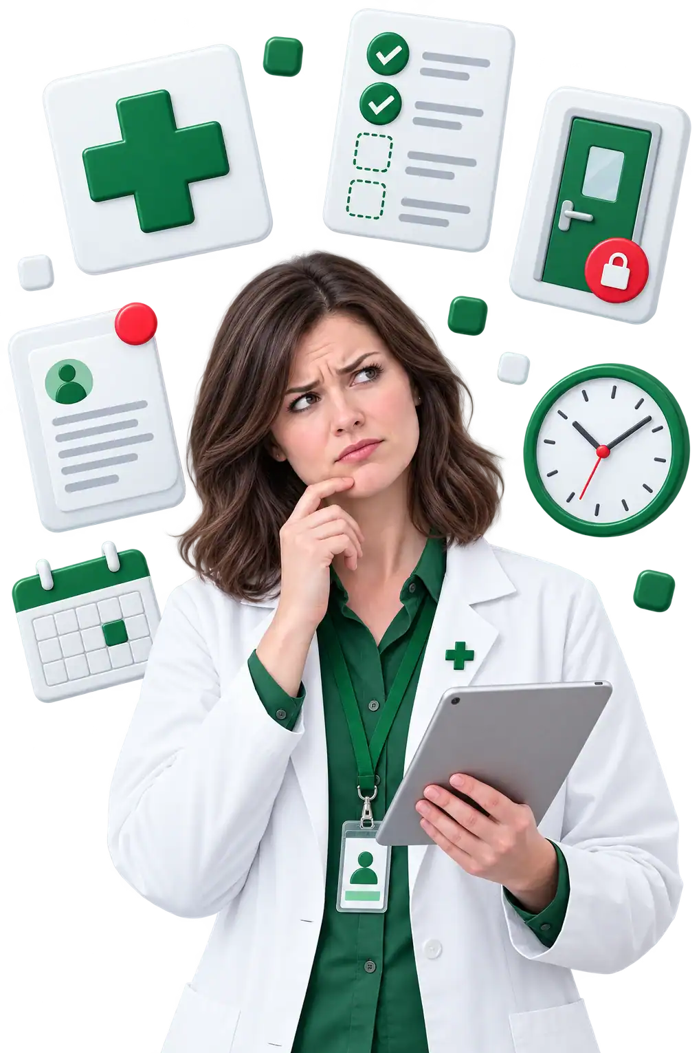 A locum pharmacist pausing at the entrance to a hospital ward, unsure; available and licensed but not yet ready for this assignment