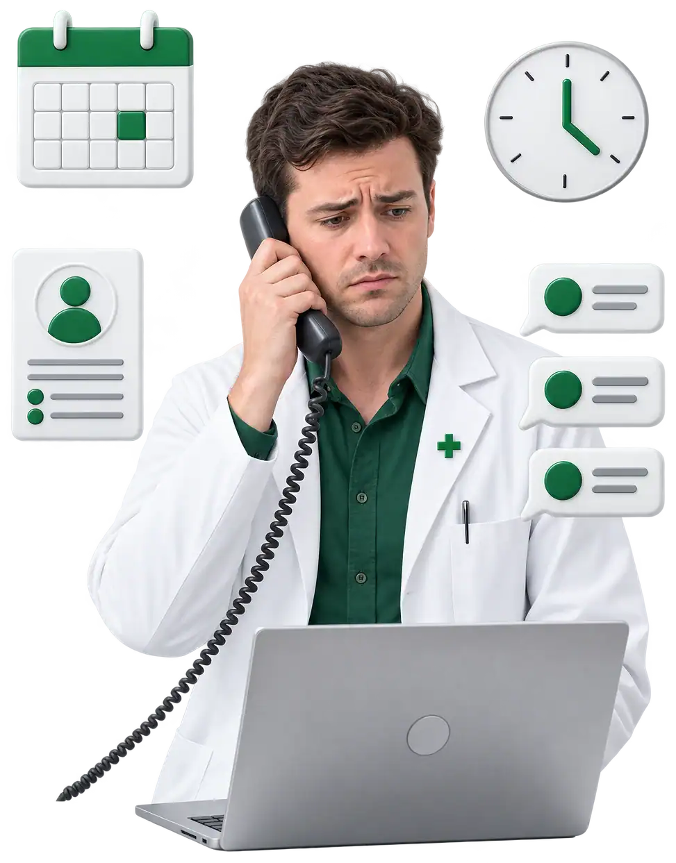 An independent owner behind the counter surrounded by sticky notes, a ringing phone and an open inbox; overwhelmed