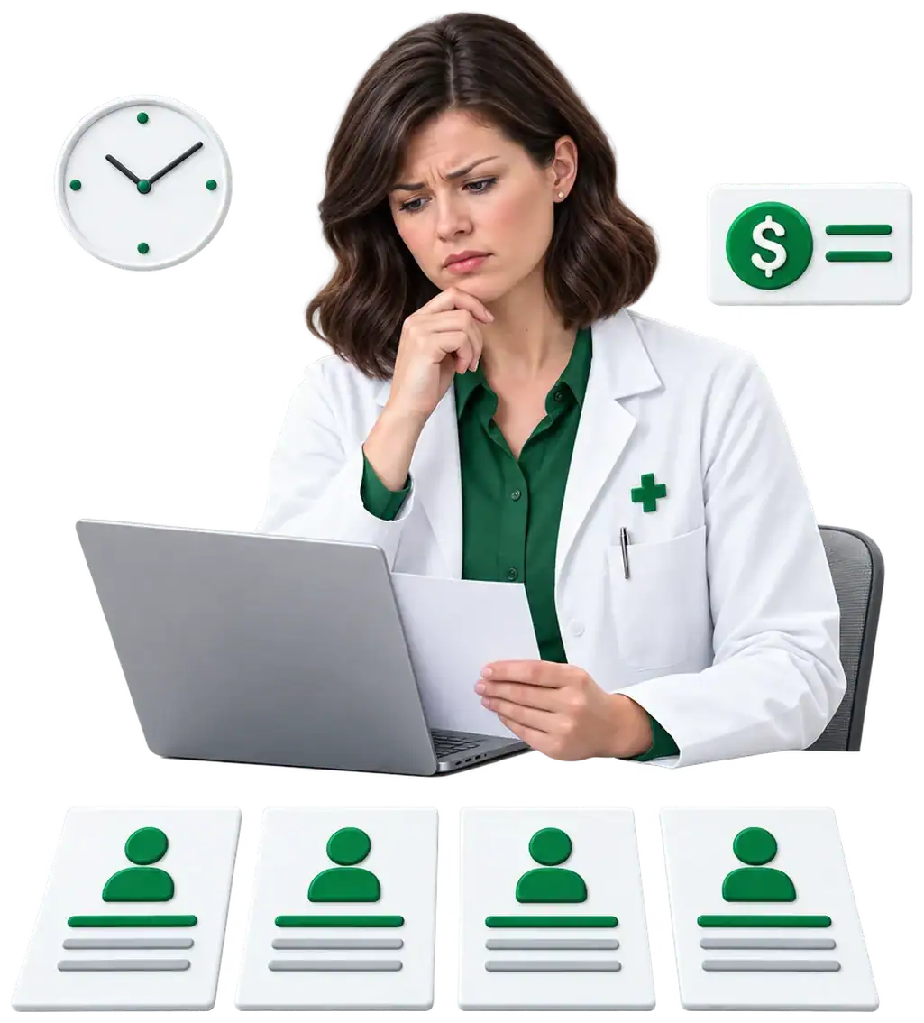 A pharmacy manager at a desk covered with near-identical CVs, unsure which candidate fits