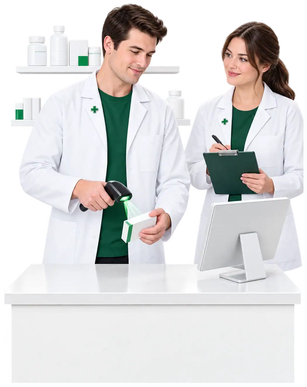 A trial-shift candidate scans a prescription package while an experienced pharmacy team member observes and records feedback