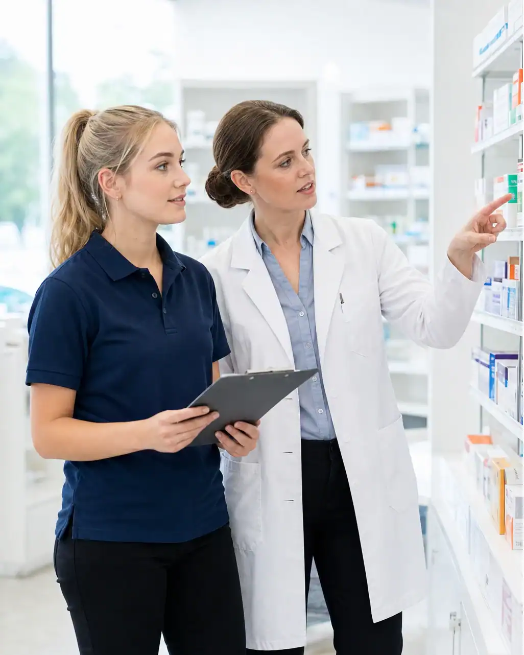 a new pharmacy assistant being trained on the job, clipboard in hand
