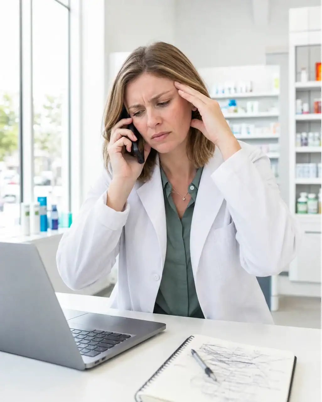 a pharmacist on hold with a recruiter, unable to reach the pharmacy that is hiring