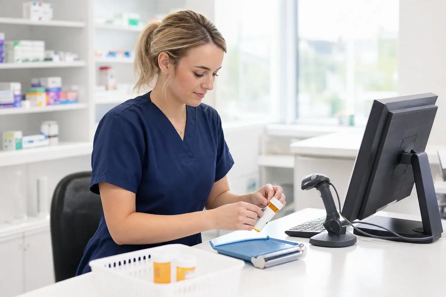 A pharmacy technician at the dispensing bench