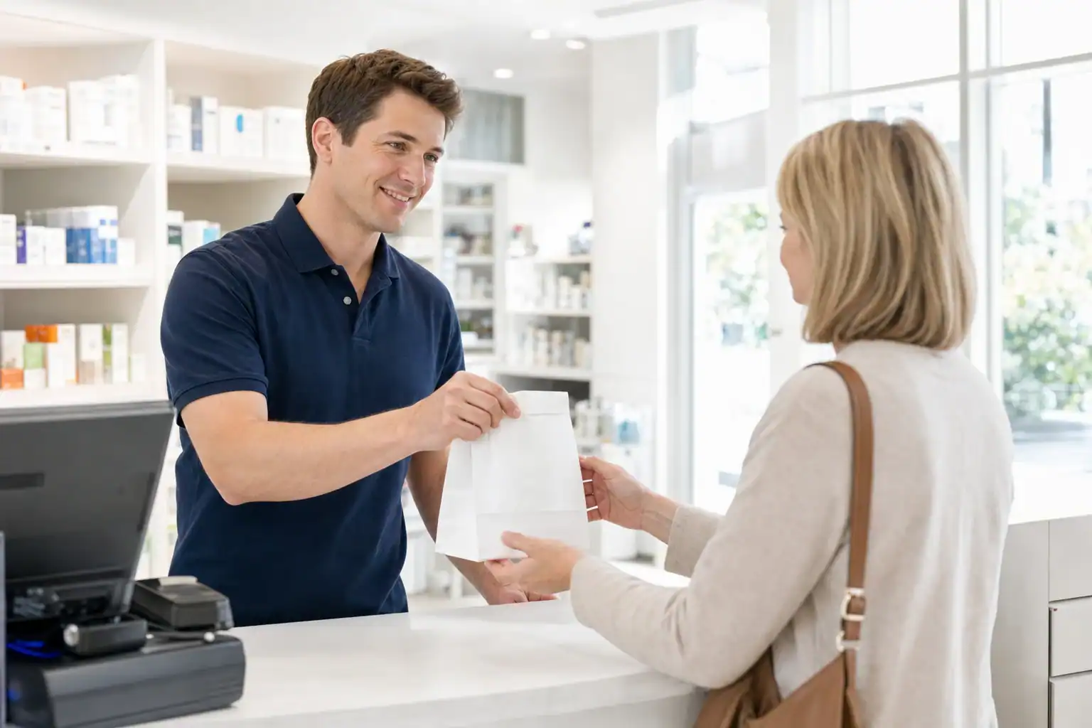 A pharmacy assistant at the front counter