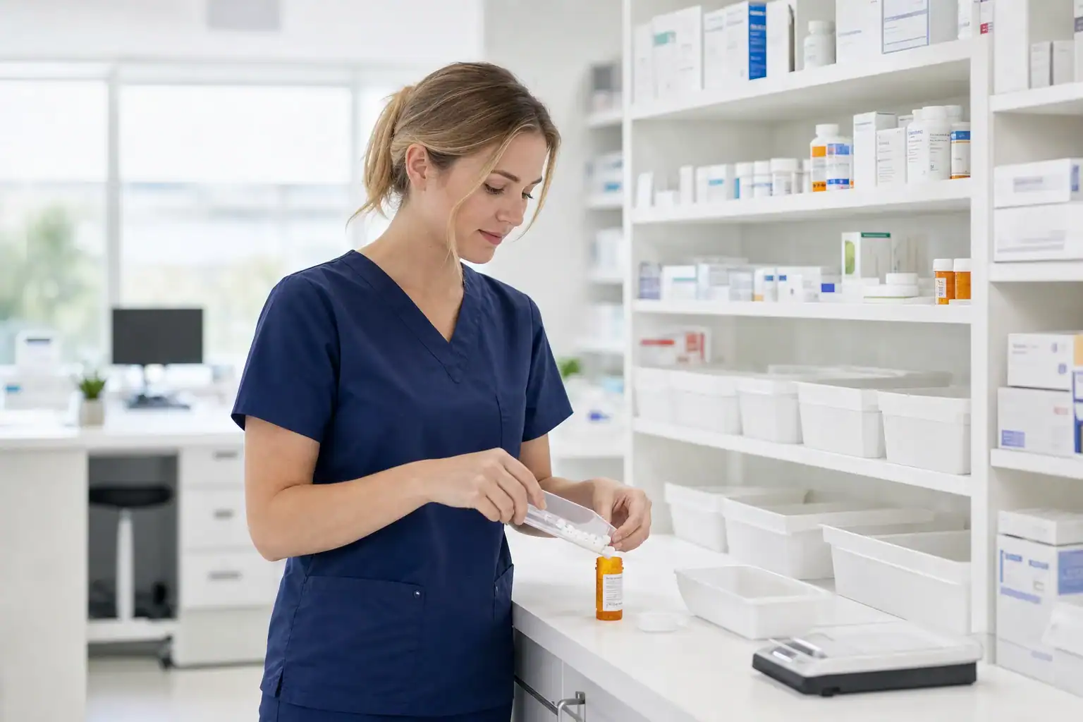 A pharmacy technician preparing prescriptions