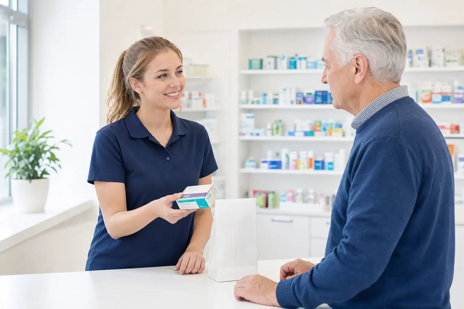 A pharmacy assistant helping a customer