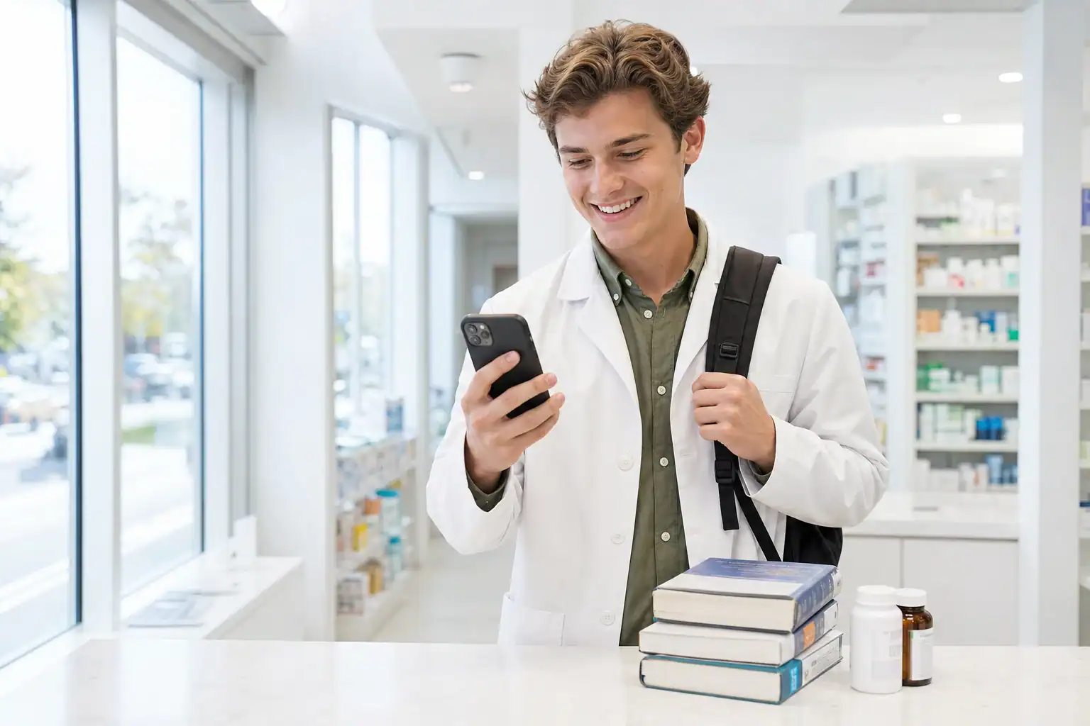 A pharmacy student working a shift between classes
