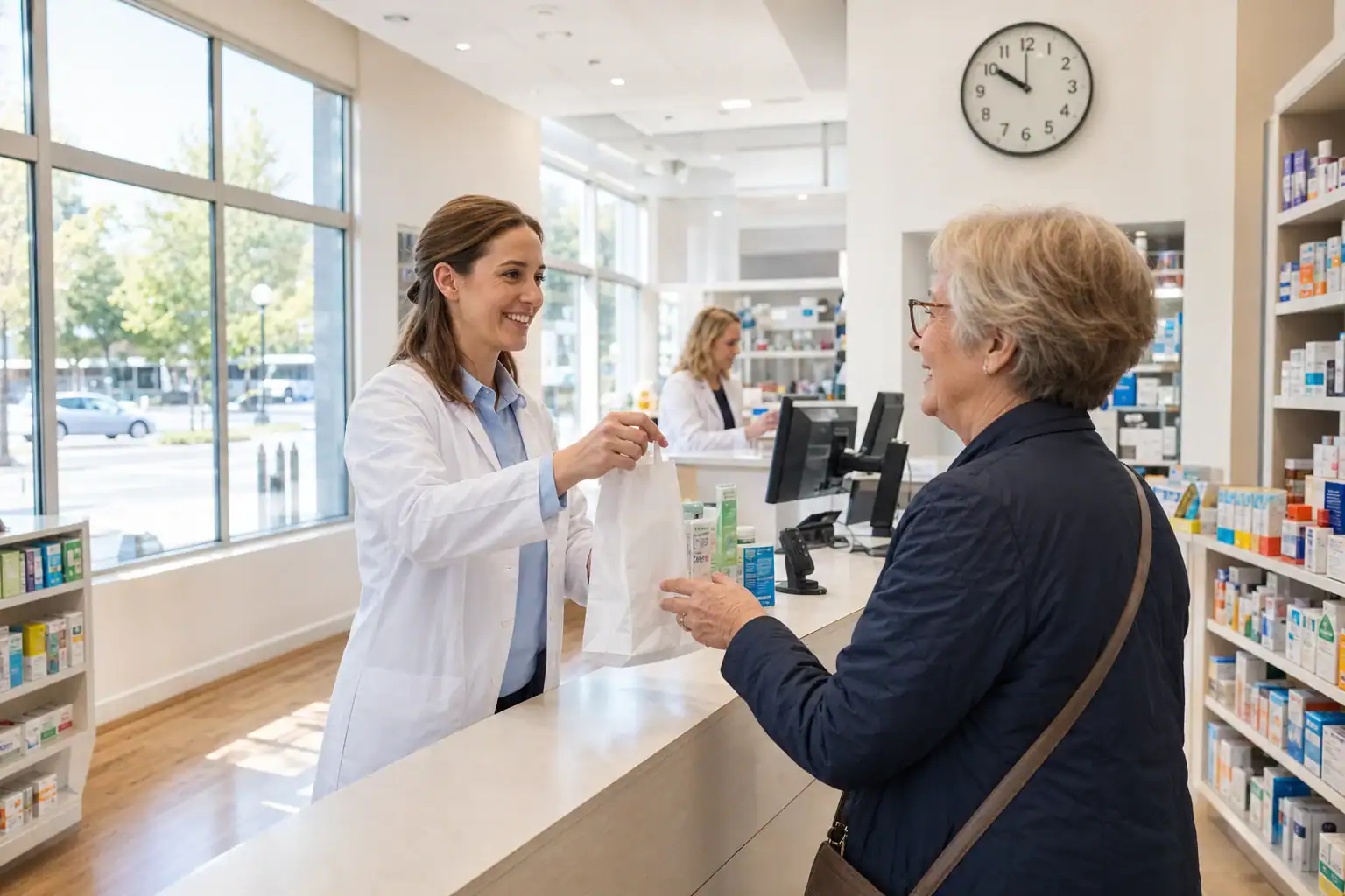 A relief pharmacist serving a customer during a daytime shift