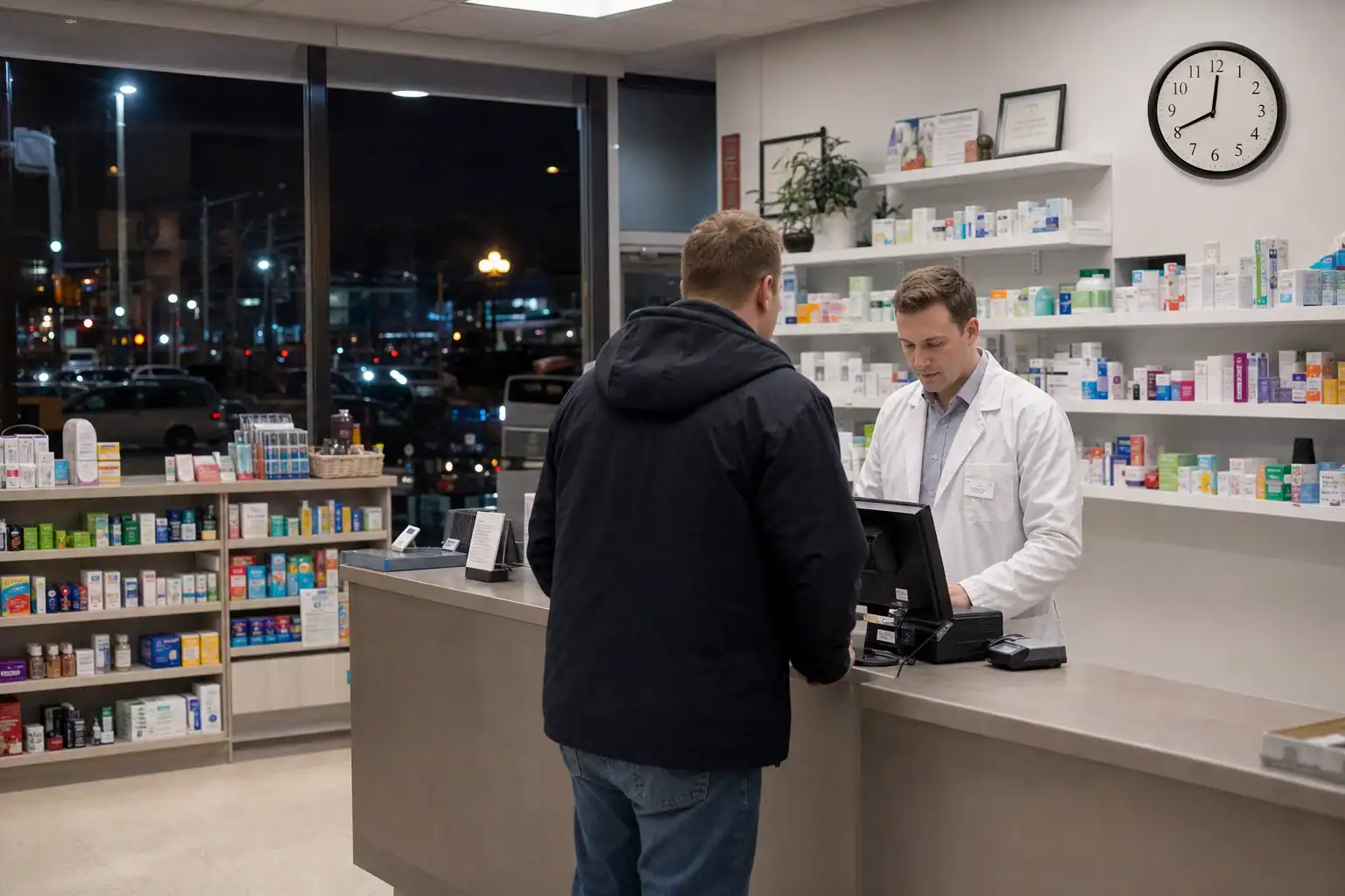 A relief pharmacist working an evening shift