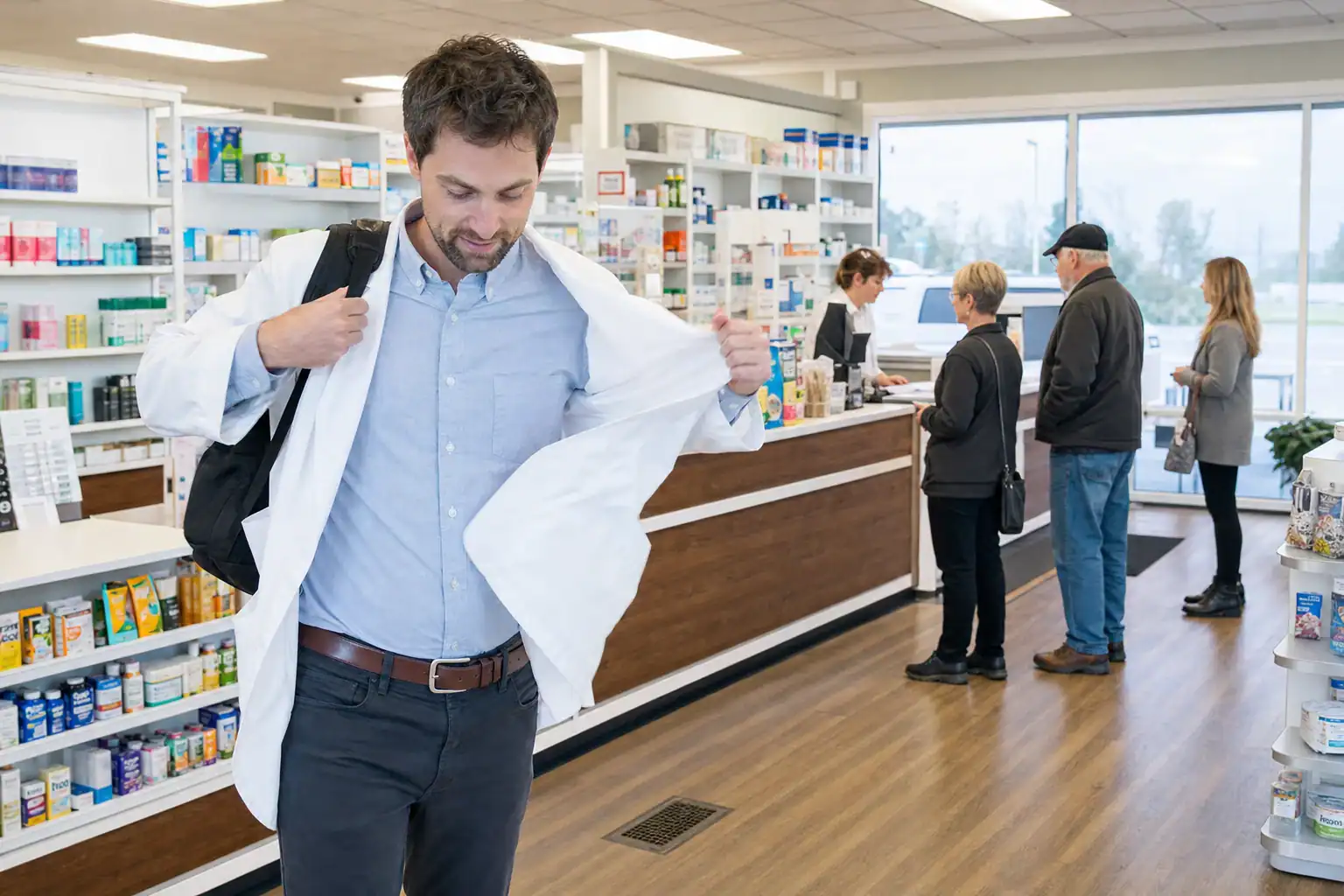 A relief pharmacist arriving for an urgent same-day shift