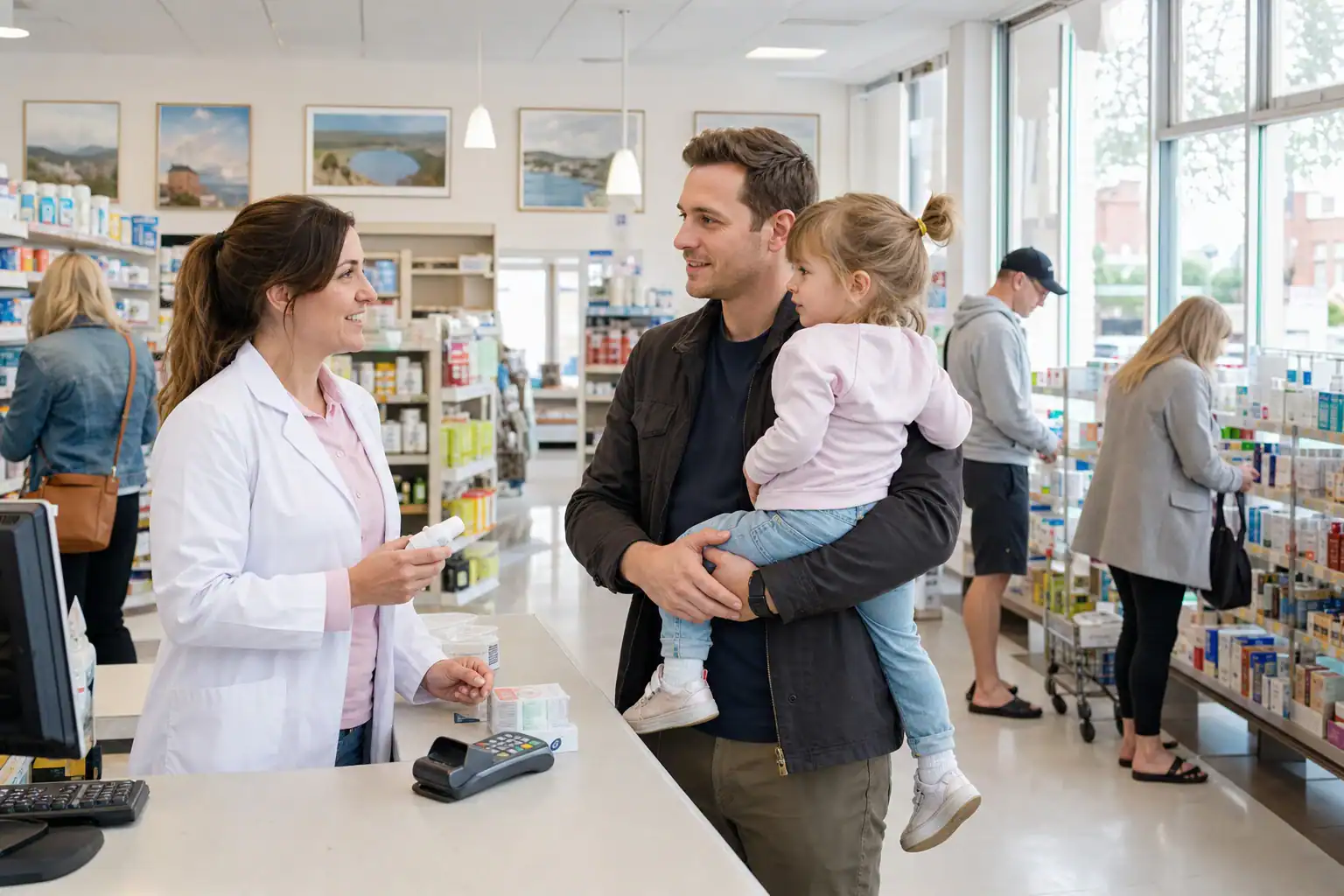 A pharmacist helping a family on a weekend shift