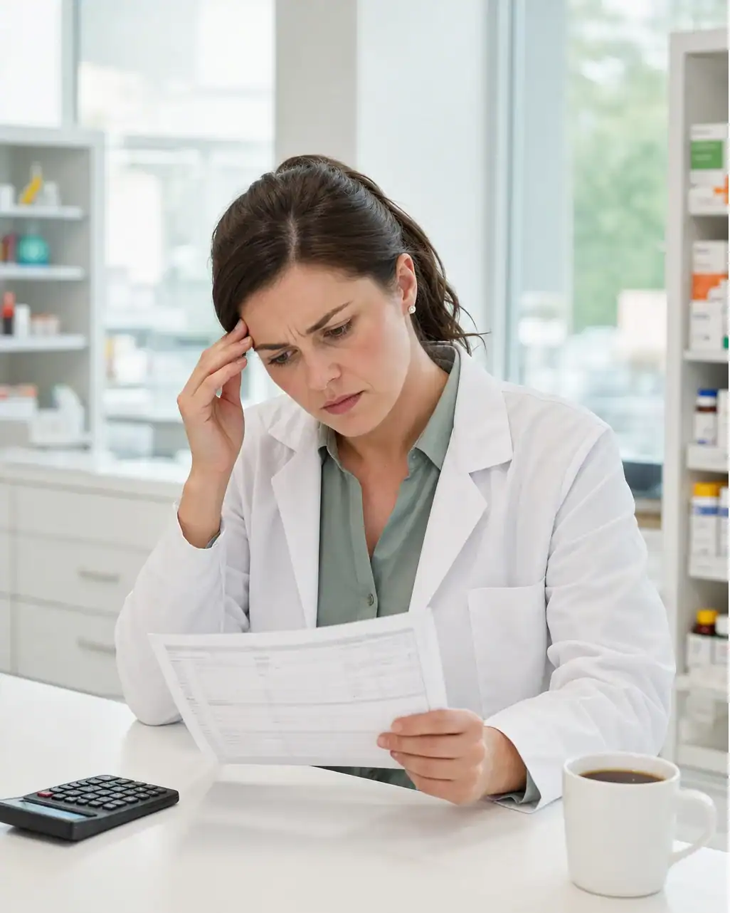 a relief pharmacist looking at a pay stub with the agency's cut crossed out; frustrated