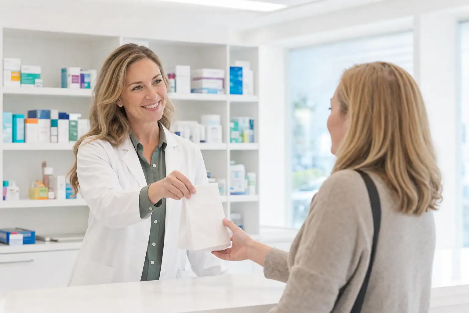 A relief pharmacist at the dispensary counter