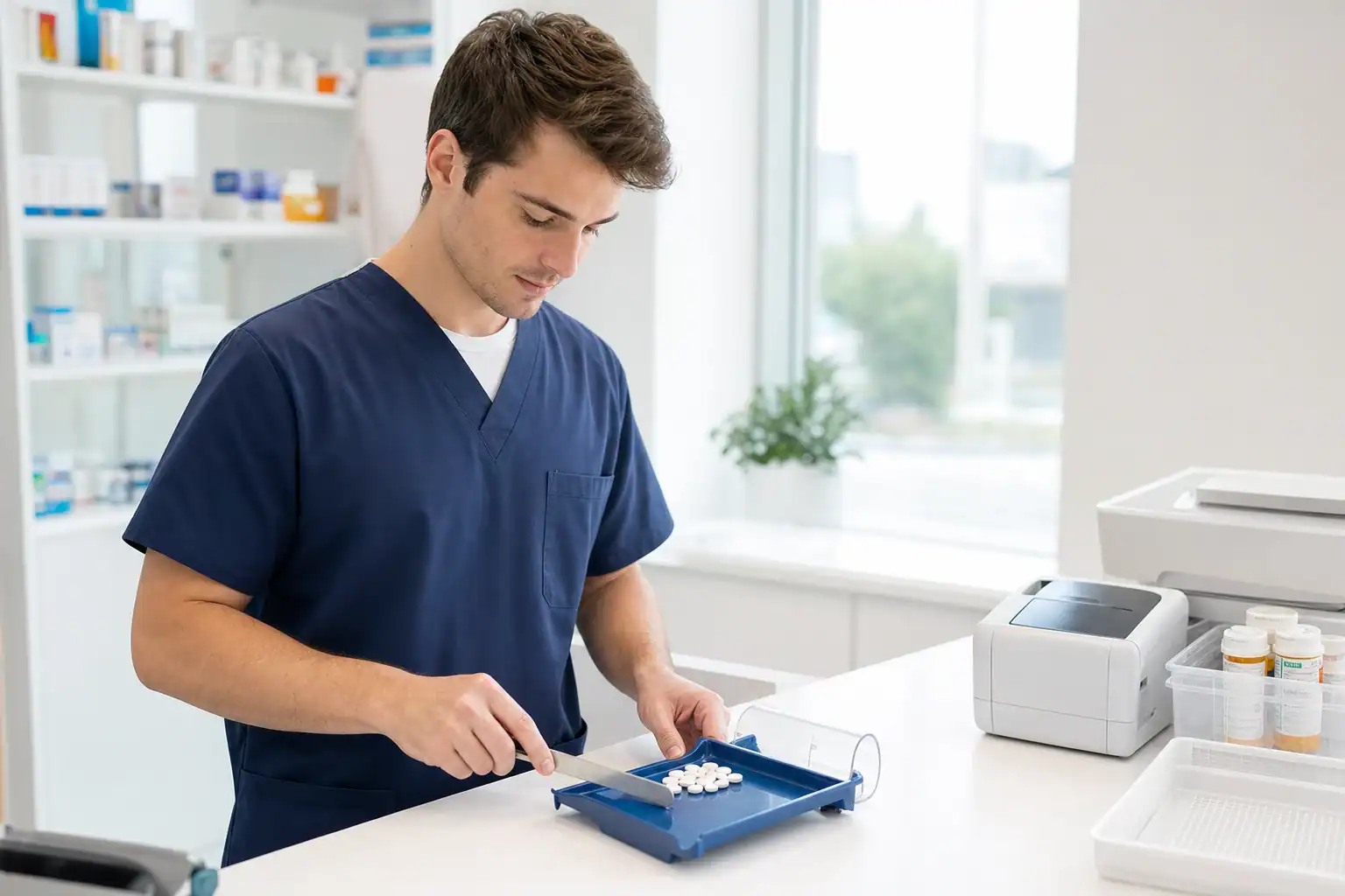 A pharmacy technician preparing prescriptions