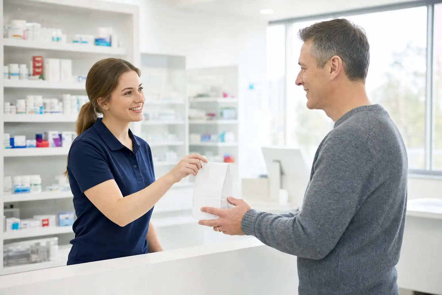 A pharmacy assistant helping a customer at the front