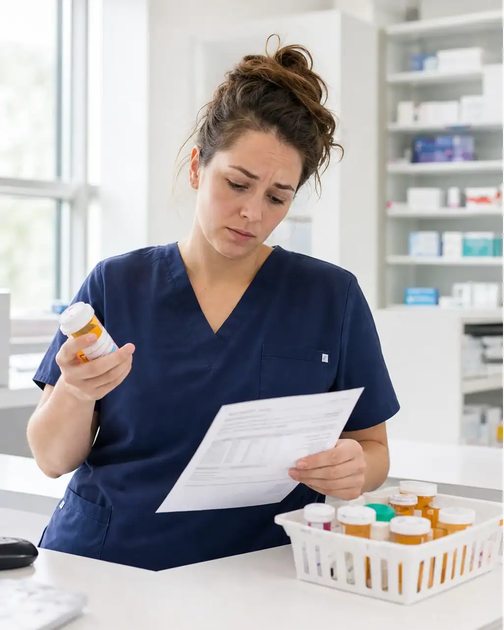 a pharmacy technician at the bench while an agency coordinator takes a cut of the hourly rate