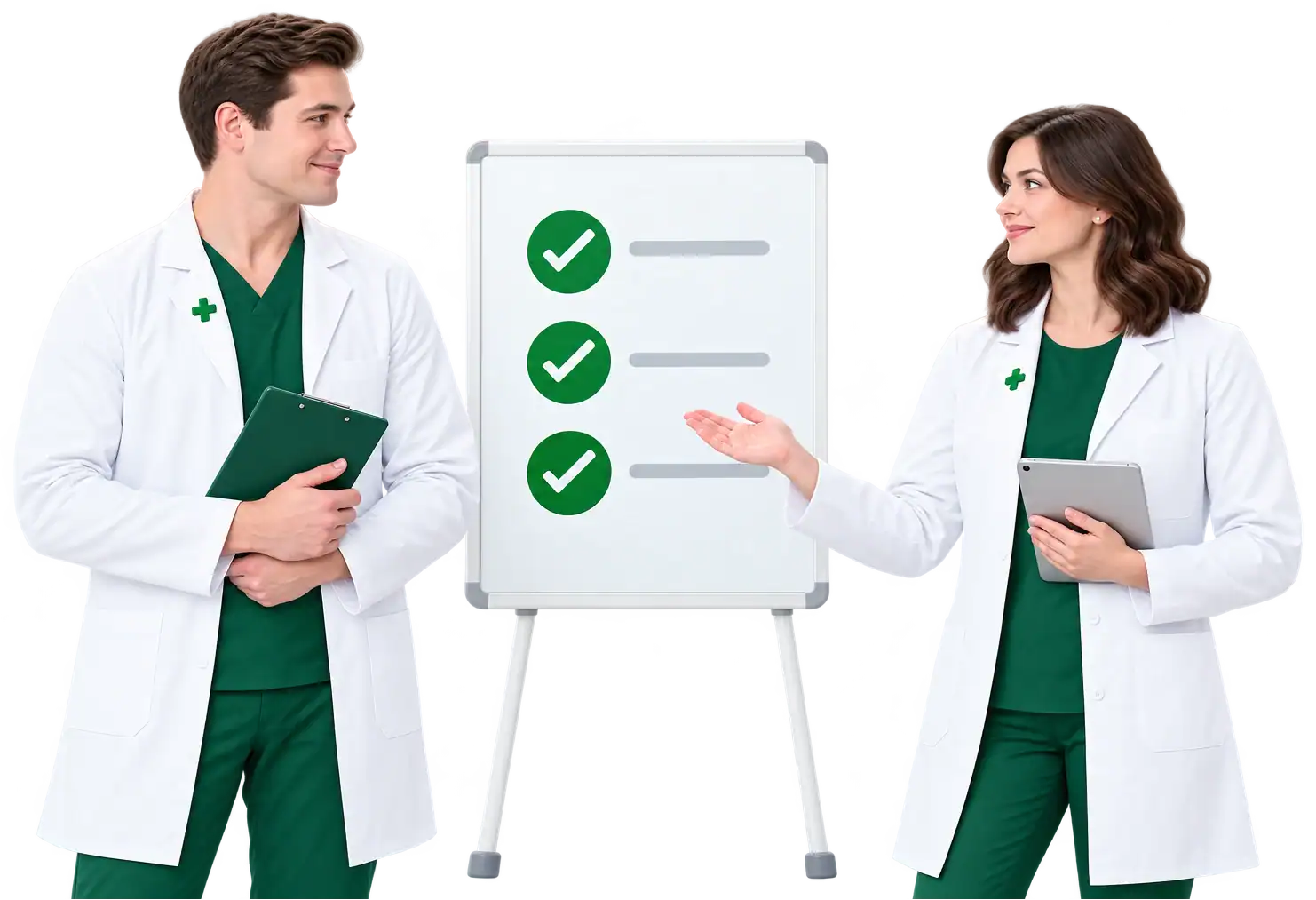 A hospital pharmacy lead reviewing facility requirements with a pharmacist applicant