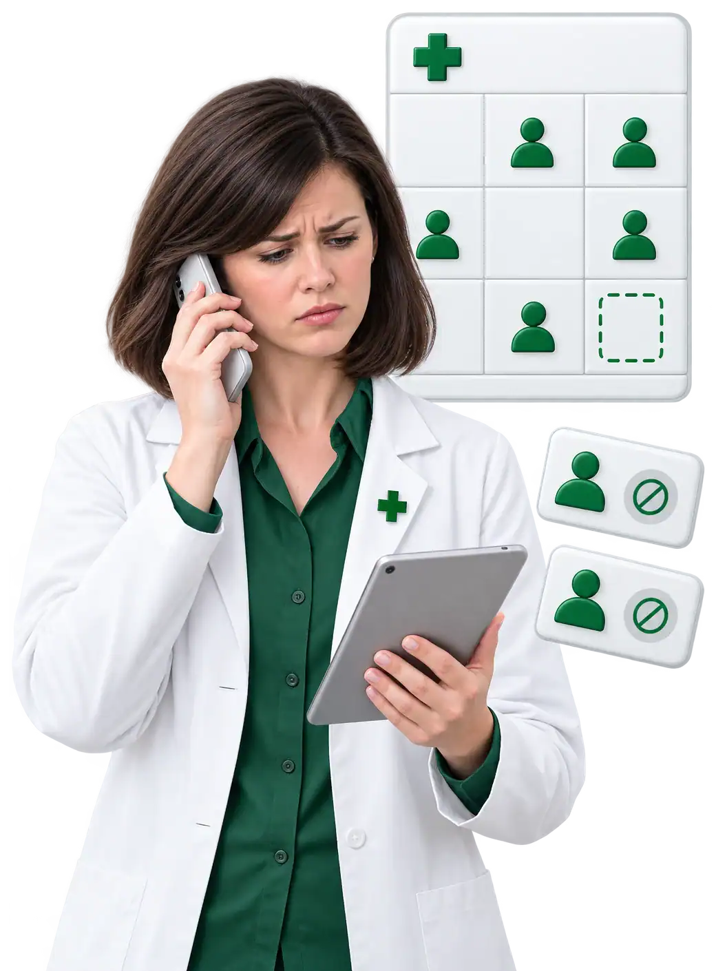 A relief manager mid-shift juggling phone calls and text threads to find cover; stressed
