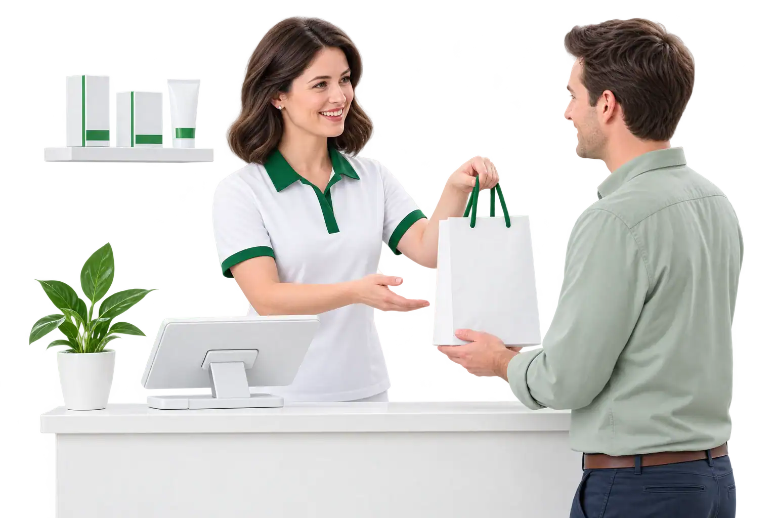 A pharmacy assistant helping a customer at the front counter