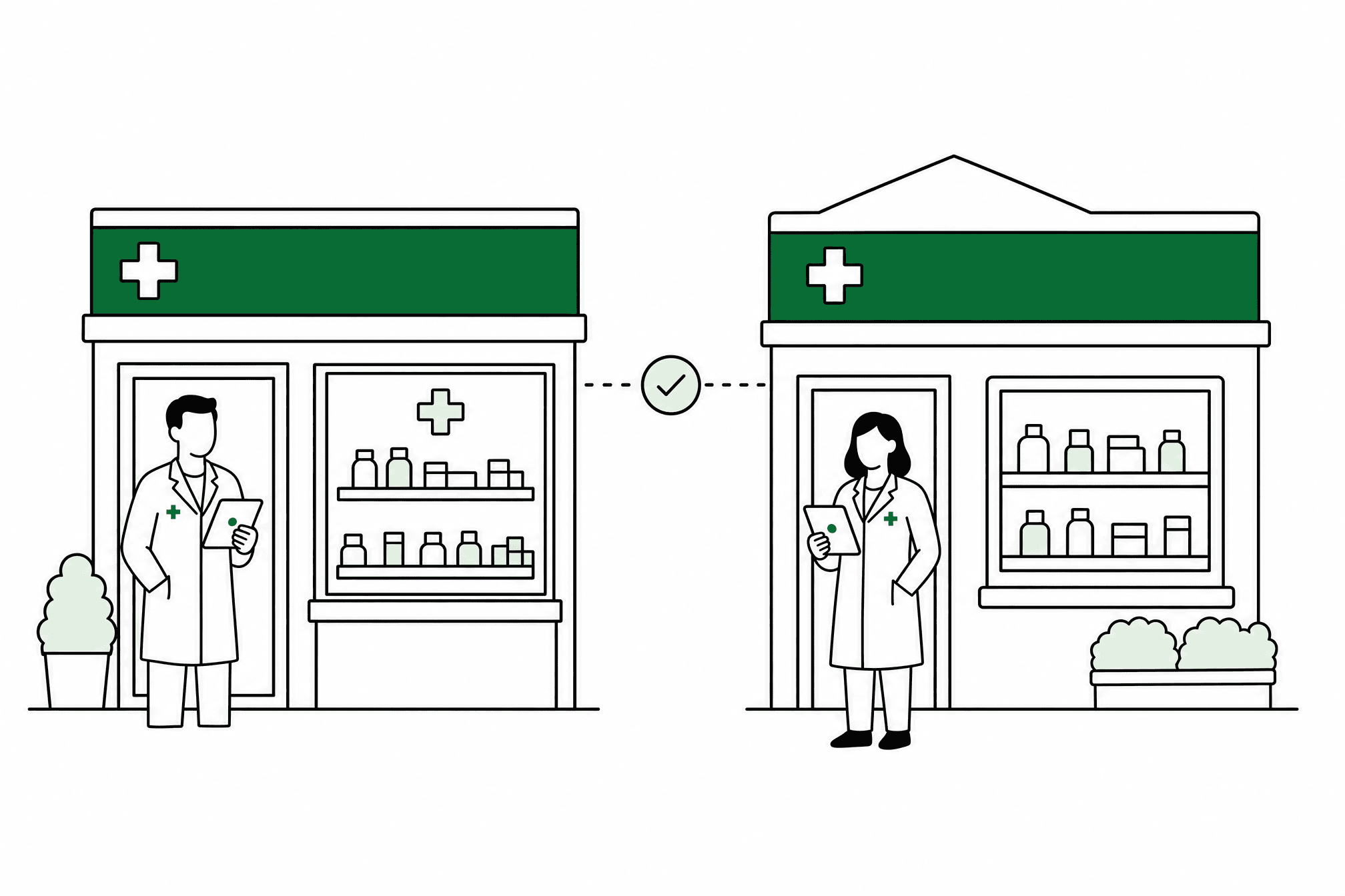 Two pharmacy owners at their separately run stores under one shared banner
