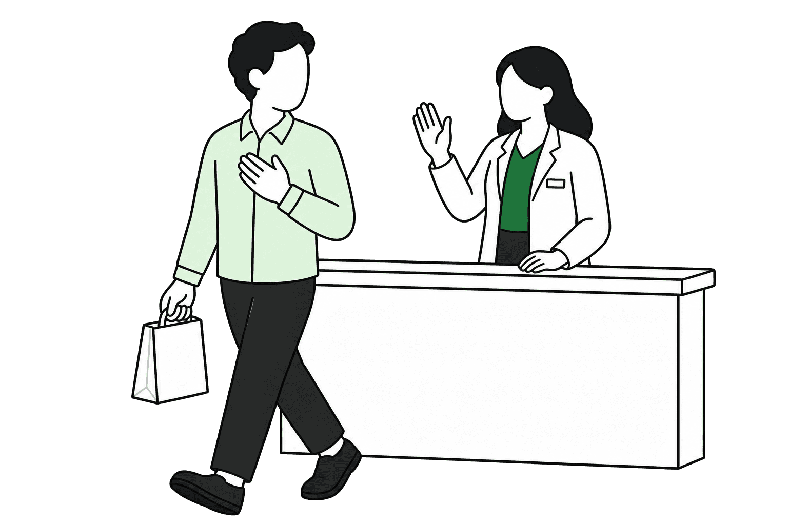 A reassured customer leaving after a helpful pharmacy conversation