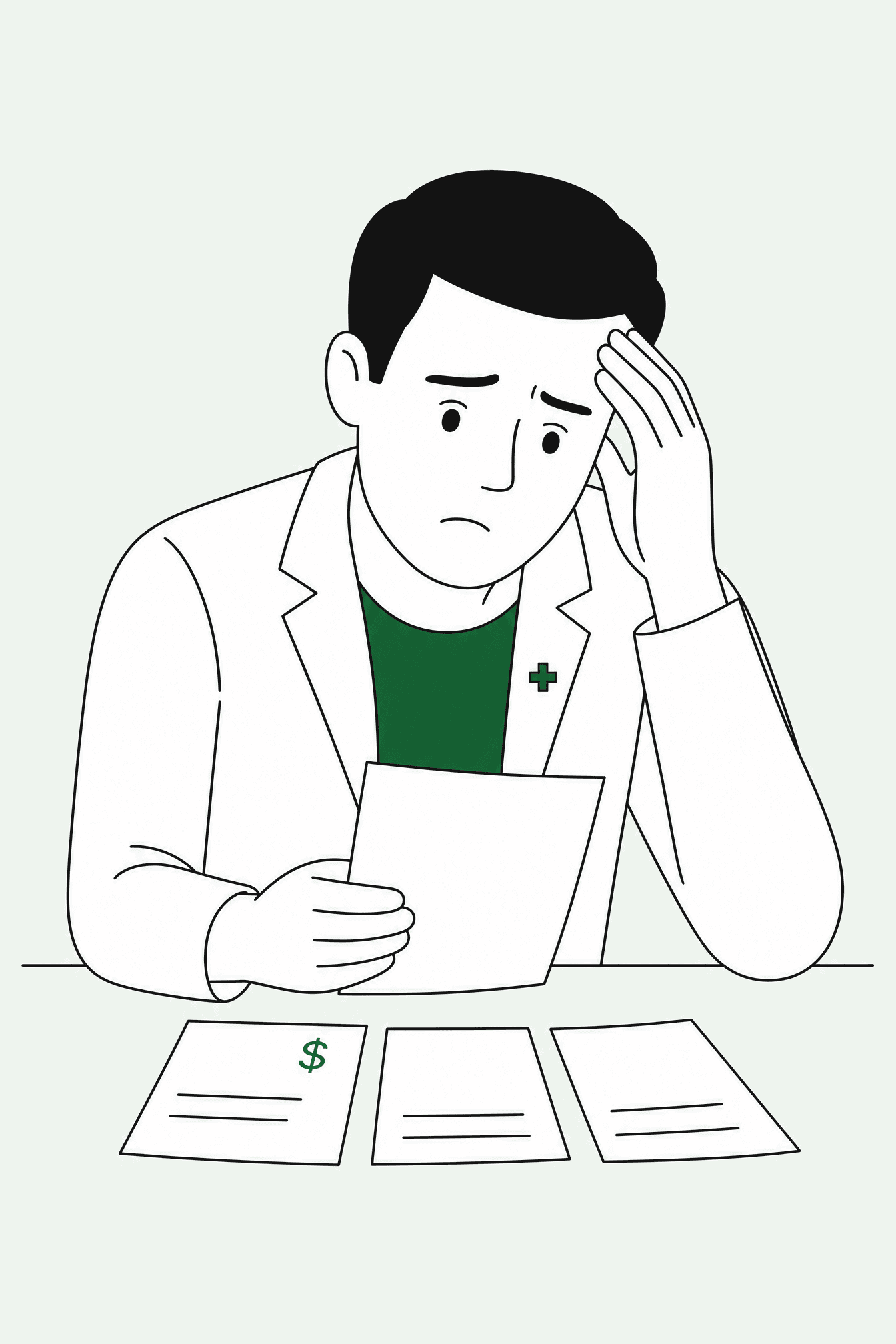 A worried male pharmacy owner reviewing bills on his desk