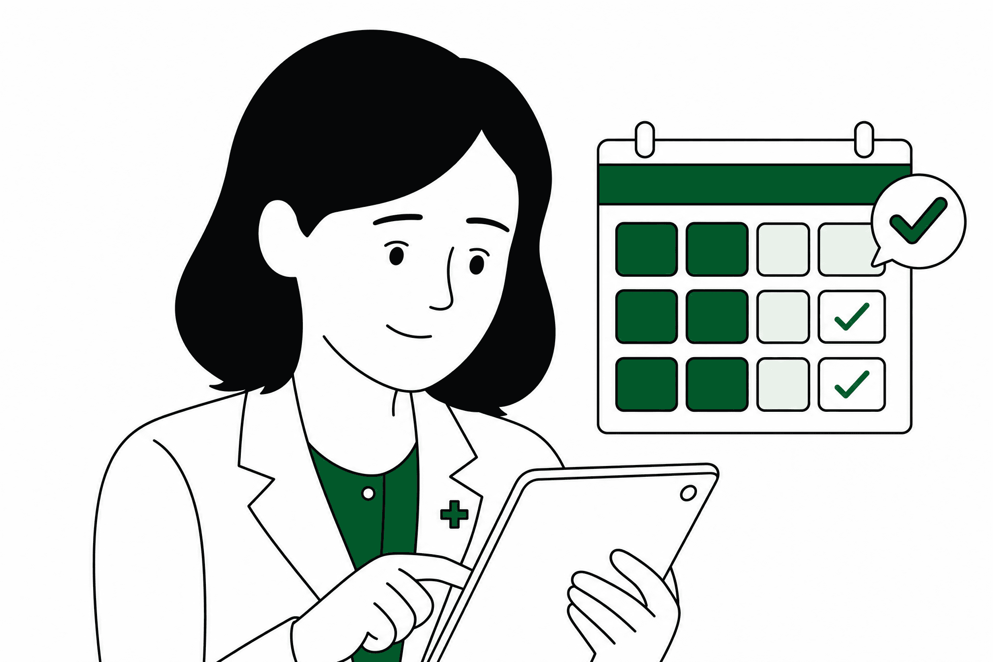 The same pharmacy owner, relaxed and smiling while managing confirmed shifts on her tablet