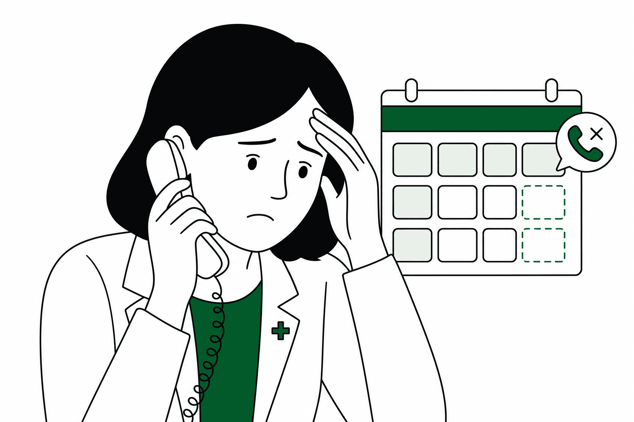 Frustrated pharmacy owner on the phone, facing unfilled shifts