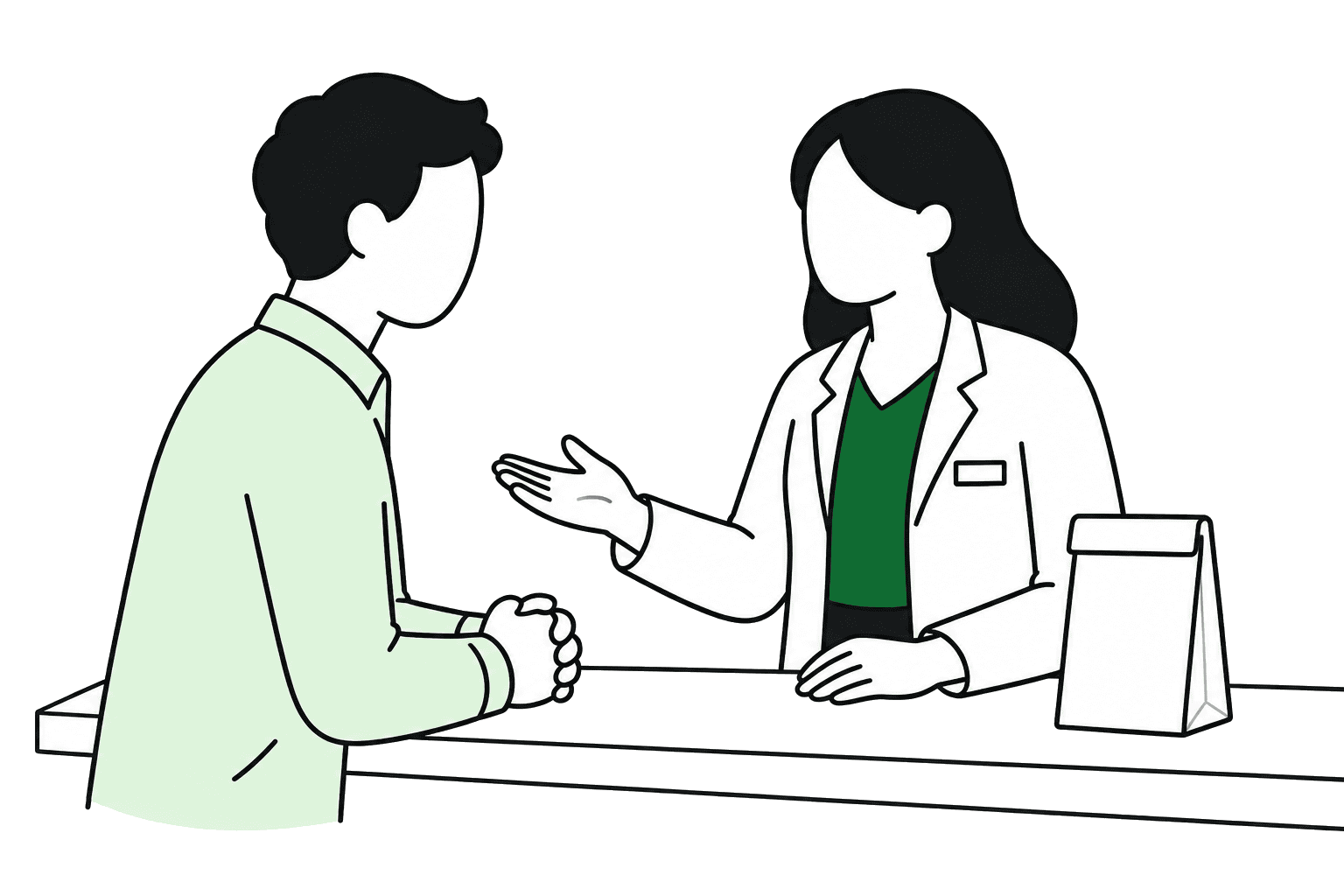 A pharmacist listening attentively to a customer at the consultation counter